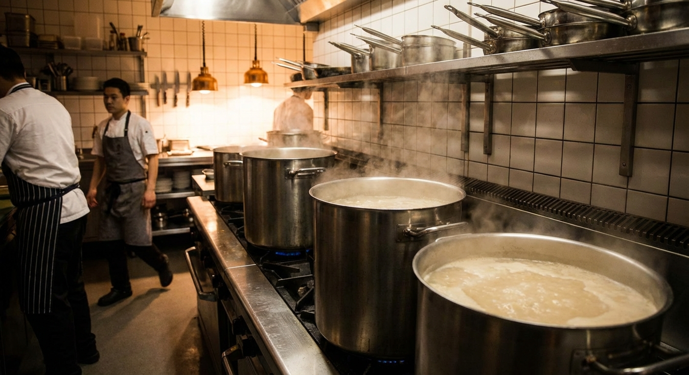 Tonkotsu broth simmering in large pots