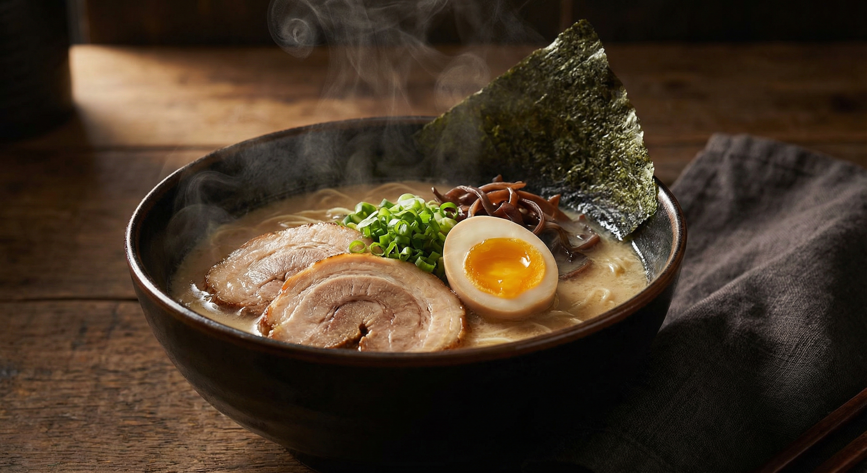 Steaming bowl of rich tonkotsu ramen with chashu pork and soft-boiled egg