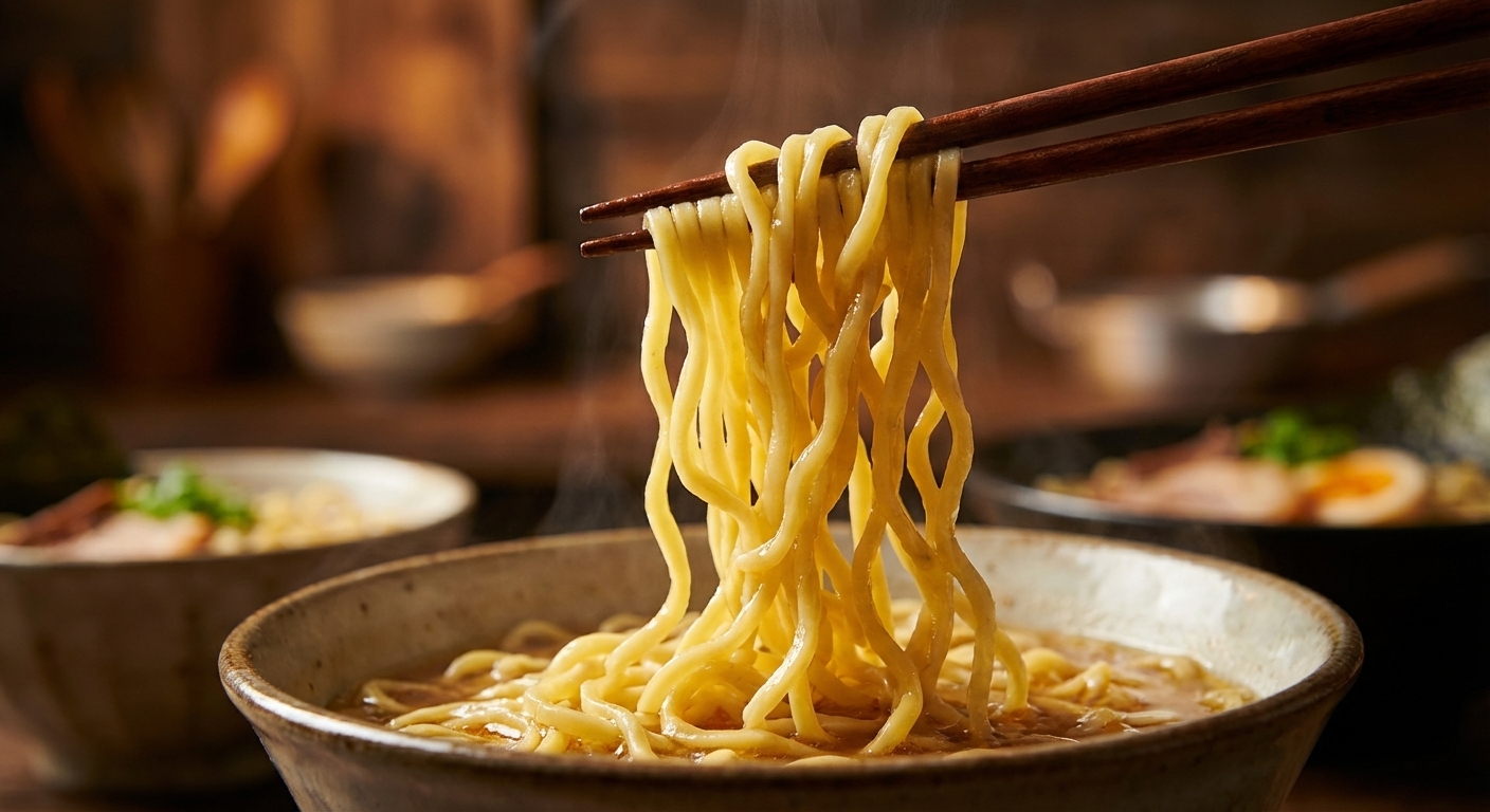 Fresh ramen noodles being made